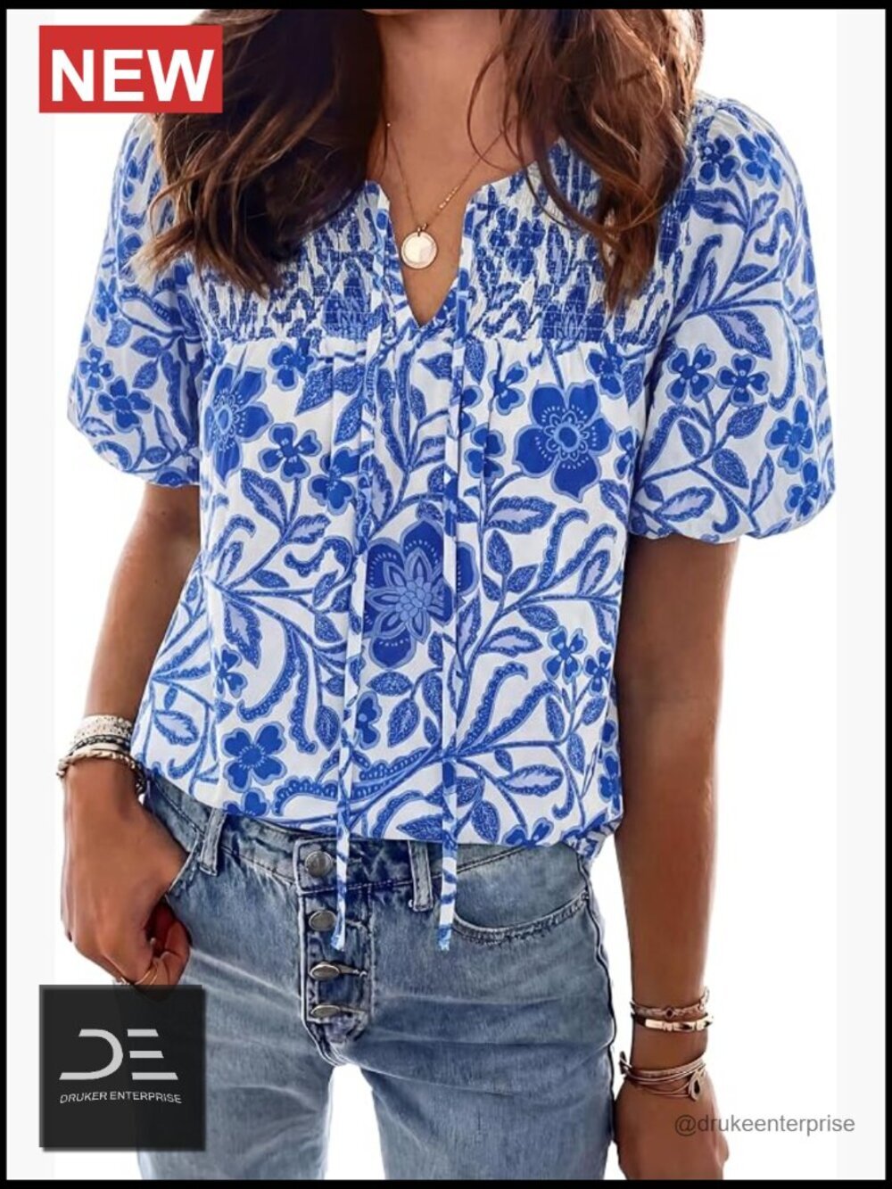 Floral V Neck Drawstring Short Sleeve Boho Blouse Top for Women